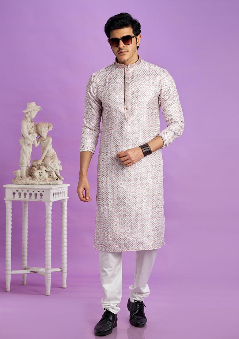 Light Greyish Red Printed Cotton Kurta Set For Men