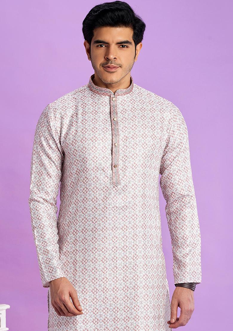 Light Greyish Red Printed Cotton Kurta Set For Men