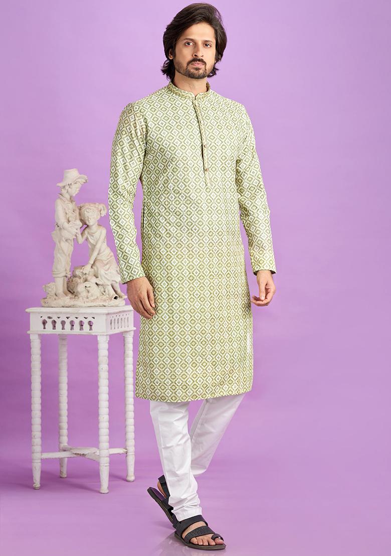 Green Printed Cotton Kurta Set For Men