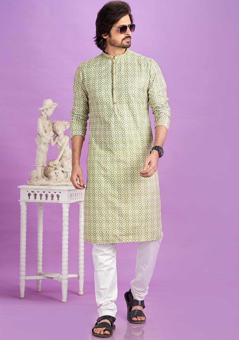 Green Printed Cotton Kurta Set For Men
