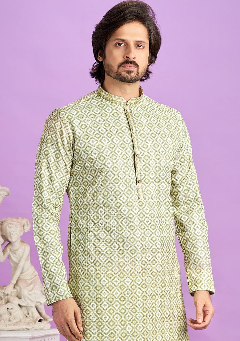 Green Printed Cotton Kurta Set For Men