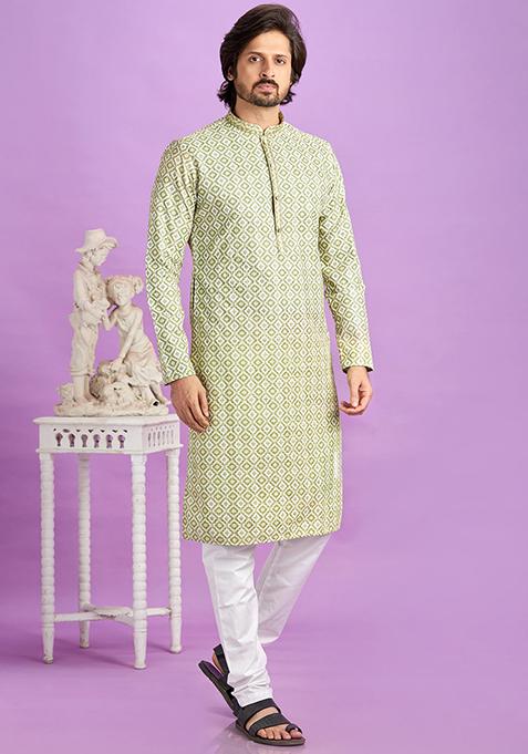 Green Printed Cotton Kurta Set For Men