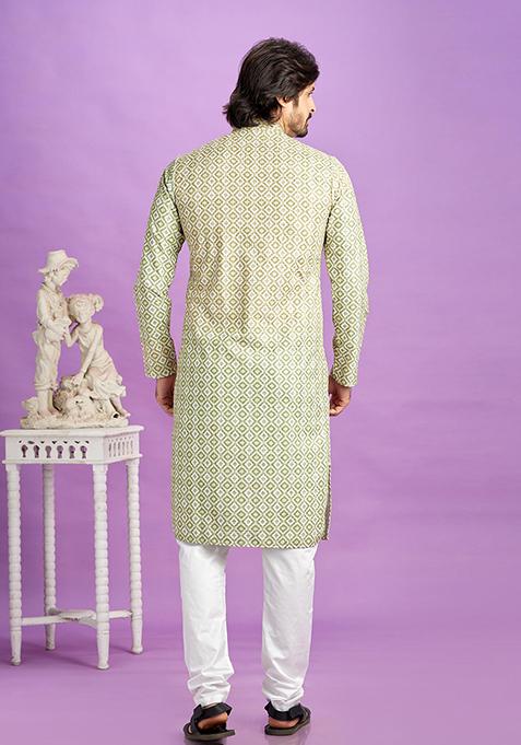 Green Printed Cotton Kurta Set For Men