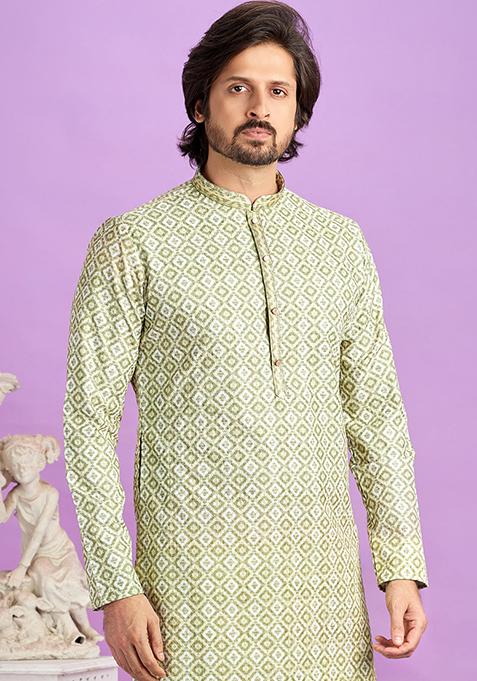 Green Printed Cotton Kurta Set For Men