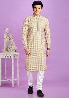 Brown Printed Cotton Kurta Set For Men
