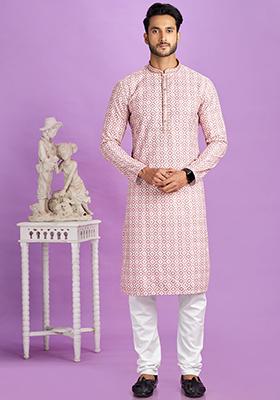 Pink Printed Cotton Kurta Set For Men