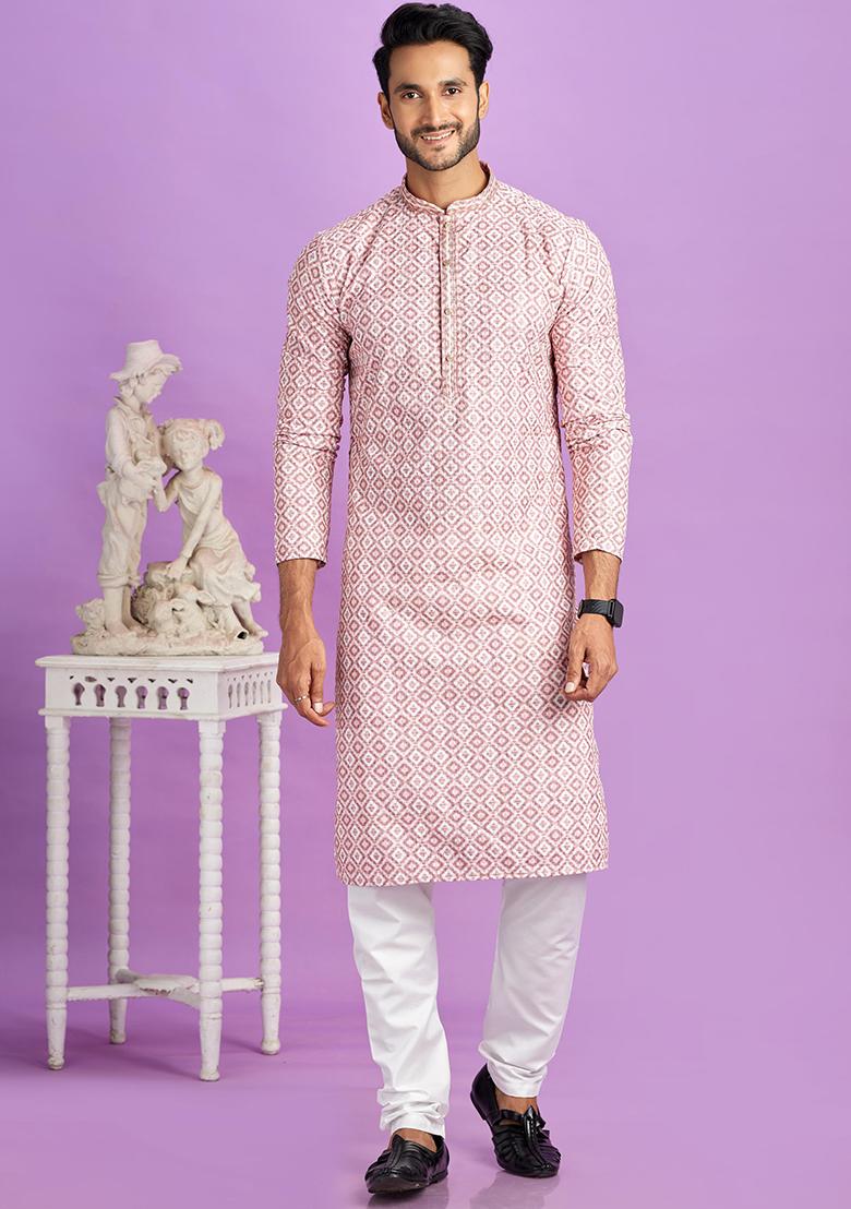 Pink Printed Cotton Kurta Set For Men