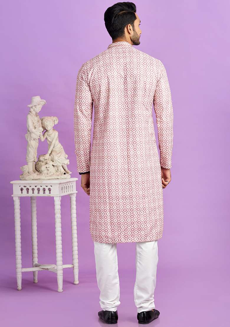 Pink Printed Cotton Kurta Set For Men - Indya