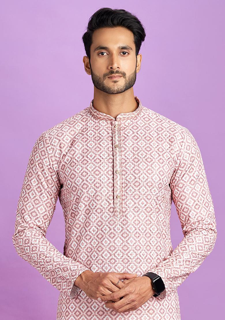 Pink Printed Cotton Kurta Set For Men
