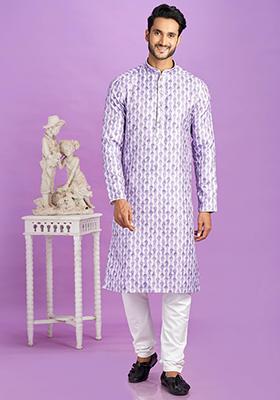 Purple Printed Cotton Kurta Set For Men