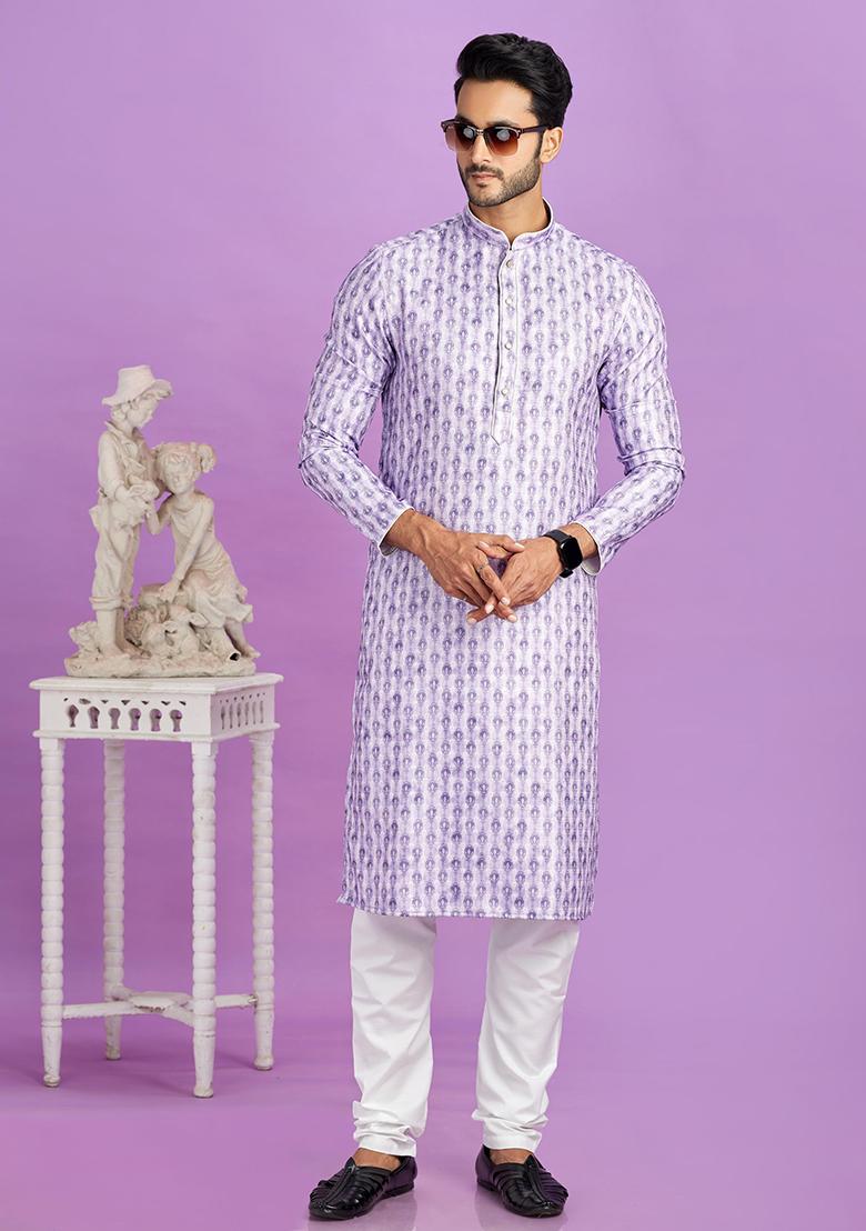 Purple Printed Cotton Kurta Set For Men