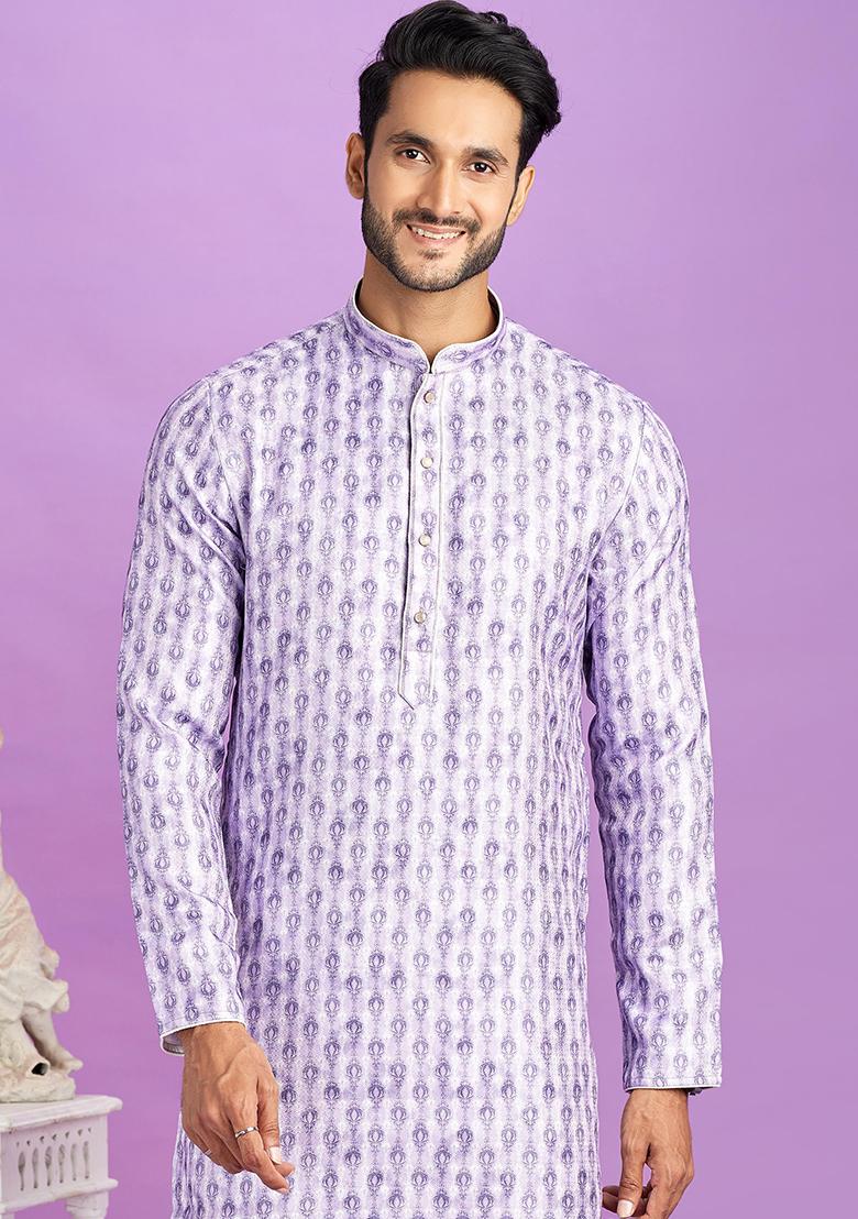 Purple Printed Cotton Kurta Set For Men