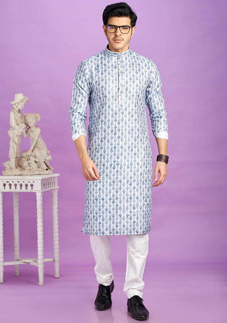 Blue Printed Cotton Kurta Set For Men