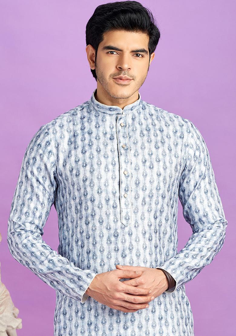 Blue Printed Cotton Kurta Set For Men