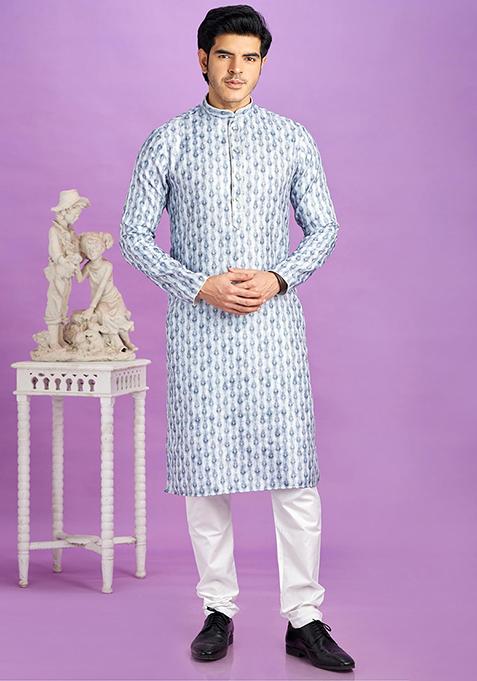 Blue Printed Cotton Kurta Set For Men