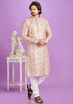 Brown Printed Cotton Kurta Set For Men