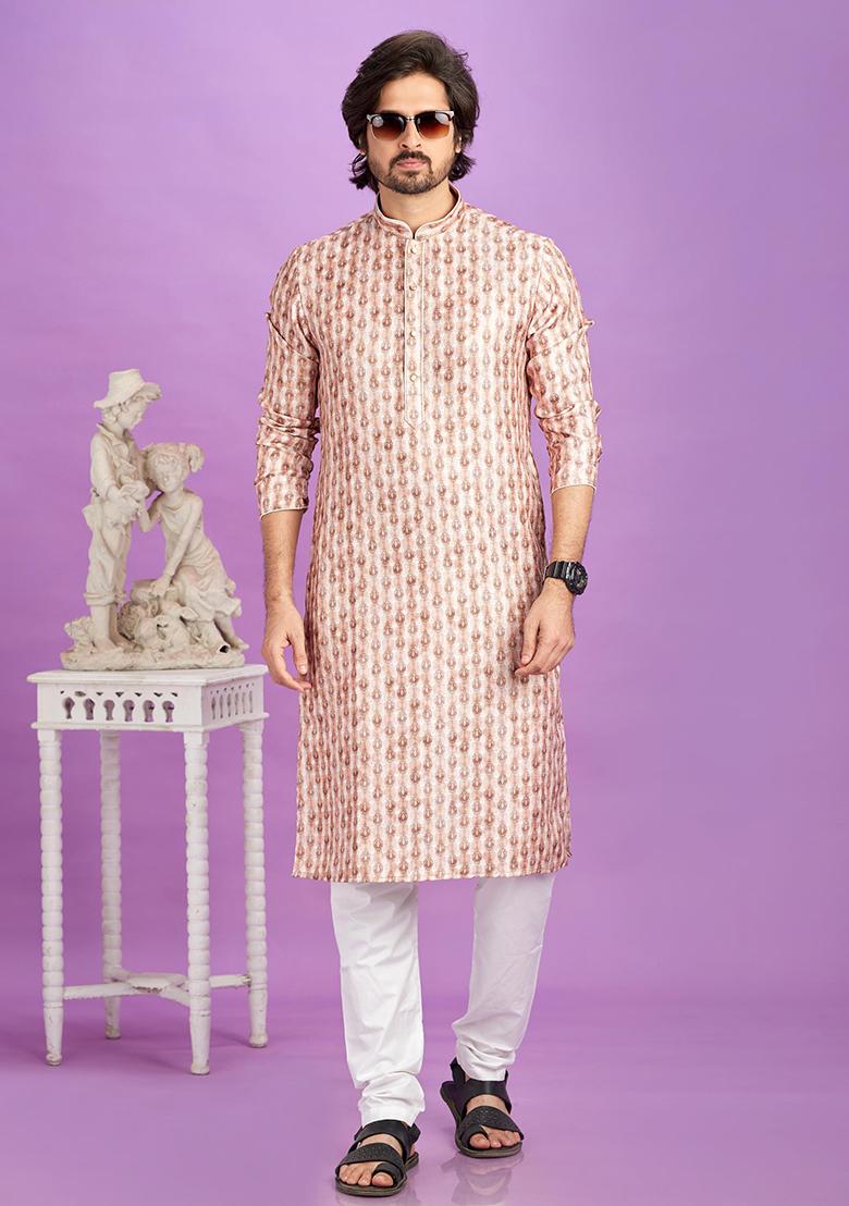 Brown Printed Cotton Kurta Set For Men