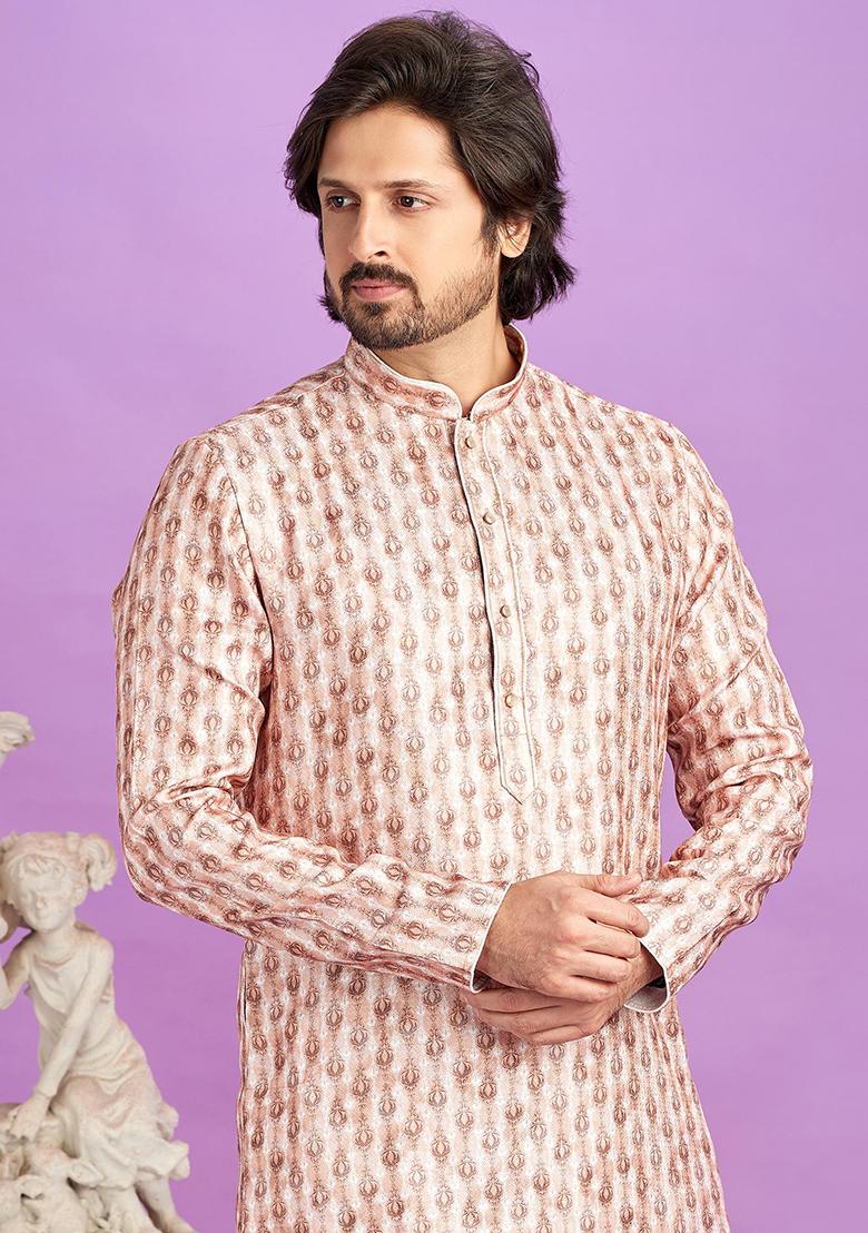 Brown Printed Cotton Kurta Set For Men