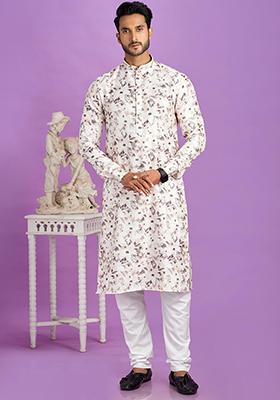 Brown Printed Cotton Kurta Set For Men