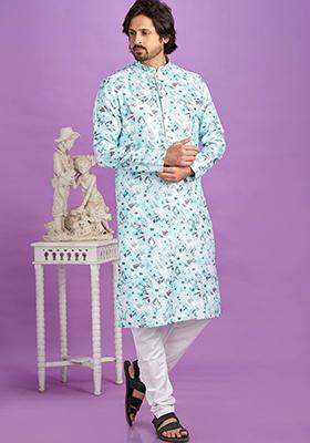 Blue Printed Cotton Kurta Set For Men