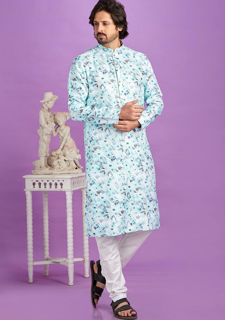 Blue Printed Cotton Kurta Set For Men