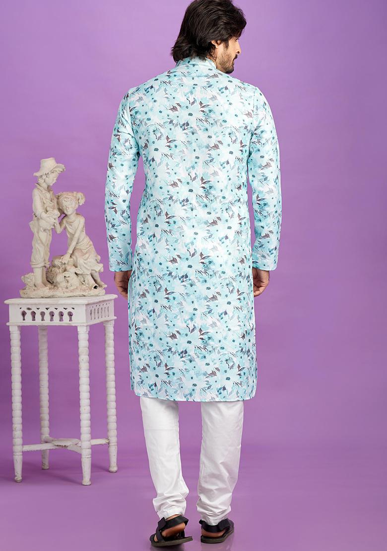 Blue Printed Cotton Kurta Set For Men