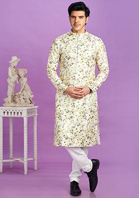Yellow Printed Cotton Kurta Set For Men
