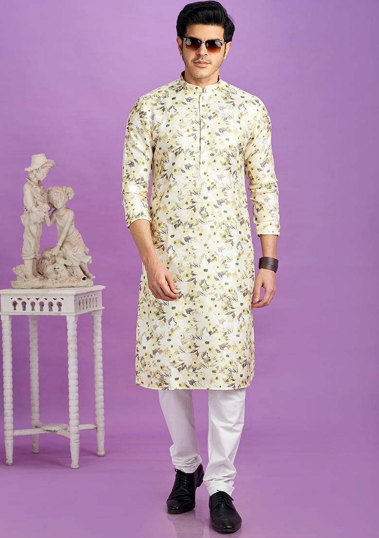 Yellow Printed Cotton Kurta Set For Men
