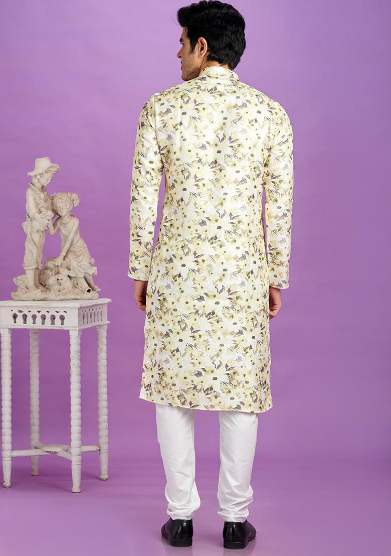 Yellow Printed Cotton Kurta Set For Men