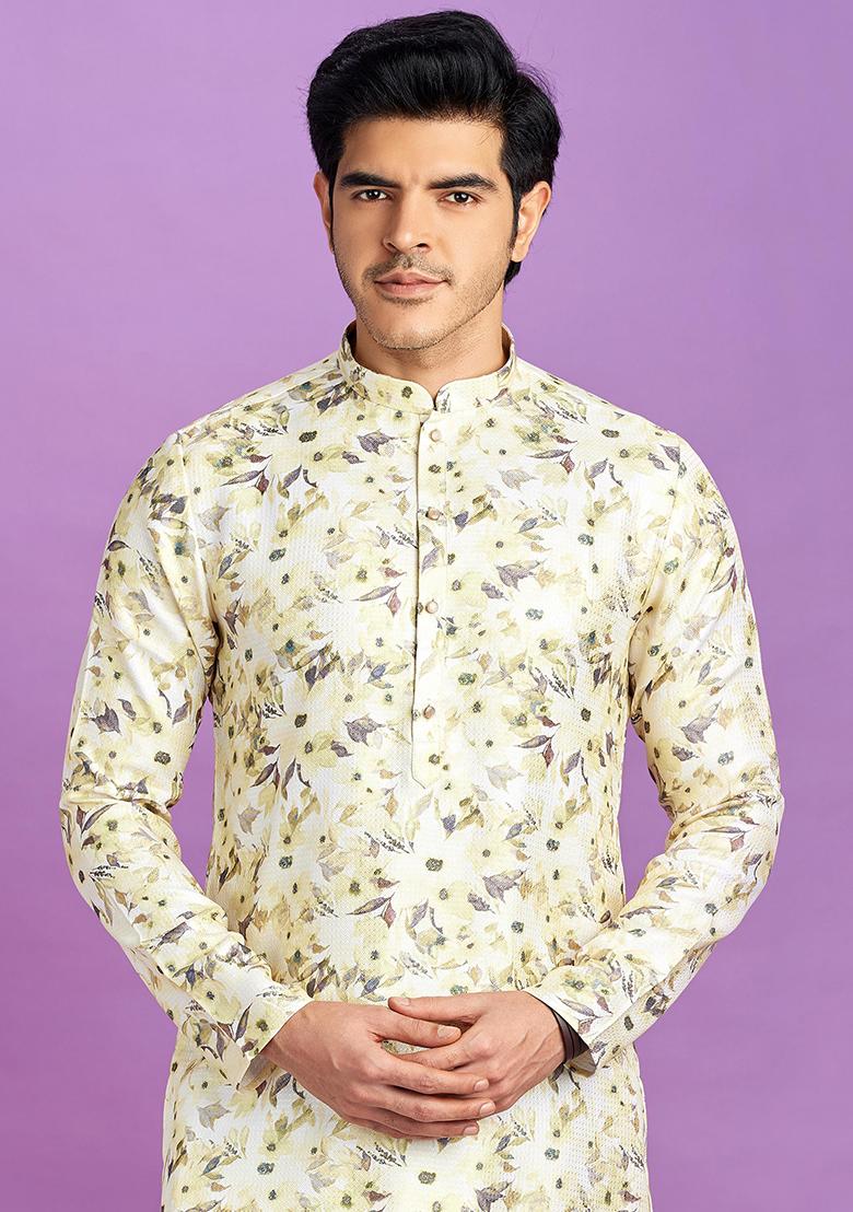 Yellow Printed Cotton Kurta Set For Men