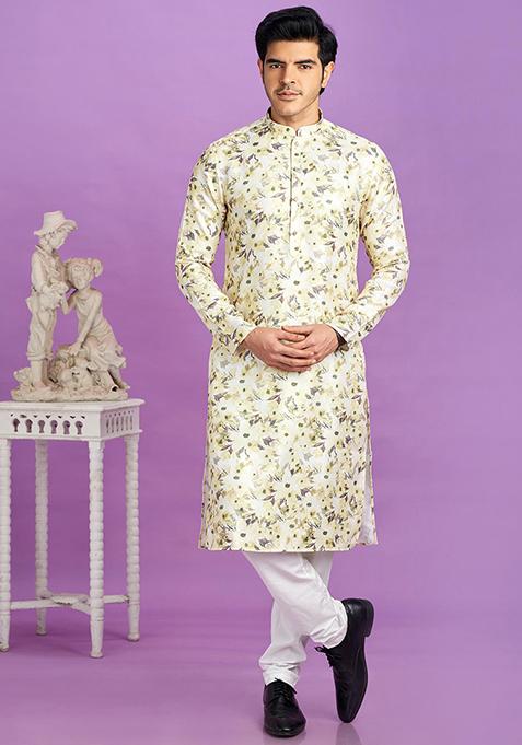 Yellow Printed Cotton Kurta Set For Men