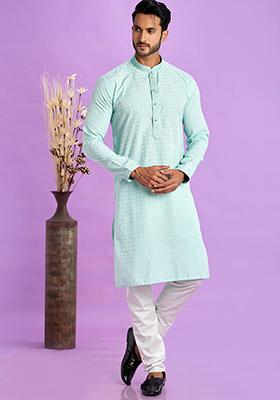 Ice Teal Green Self Design Silk Kurta Set For Men