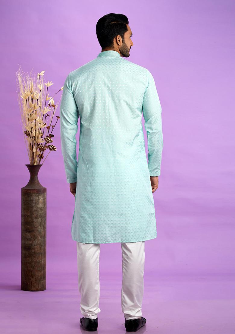 Ice Teal Green Self Design Silk Kurta Set For Men