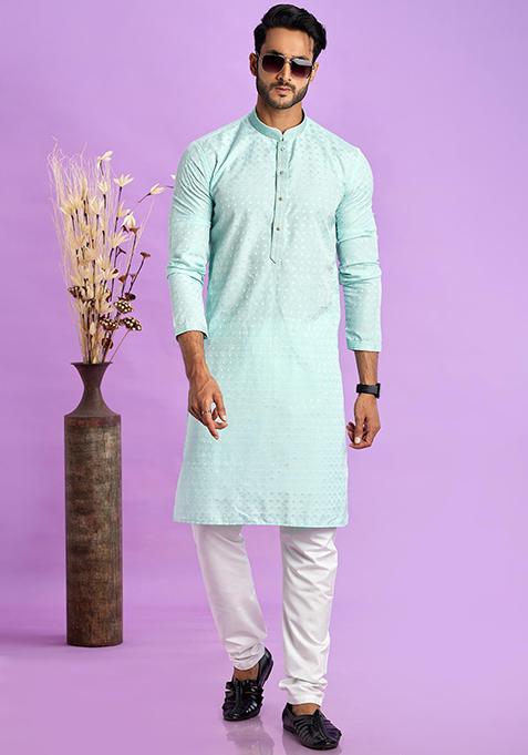 Ice Teal Green Self Design Silk Kurta Set For Men