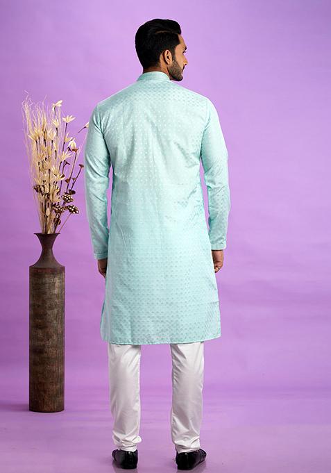 Ice Teal Green Self Design Silk Kurta Set For Men