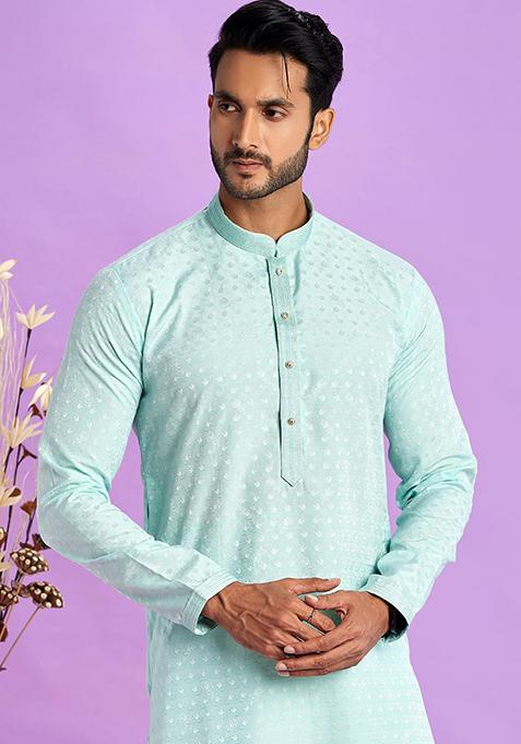 Ice Teal Green Self Design Silk Kurta Set For Men