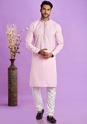 Ice Pink Self Design Silk Kurta Set For Men