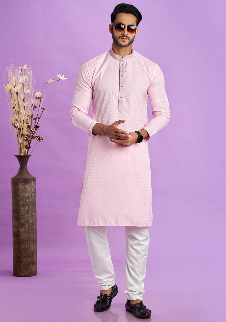 Ice Pink Self Design Silk Kurta Set For Men