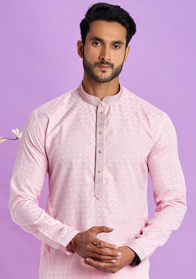 Ice Pink Self Design Silk Kurta Set For Men