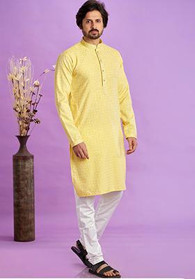 Yellow Self Design Silk Kurta Set For Men