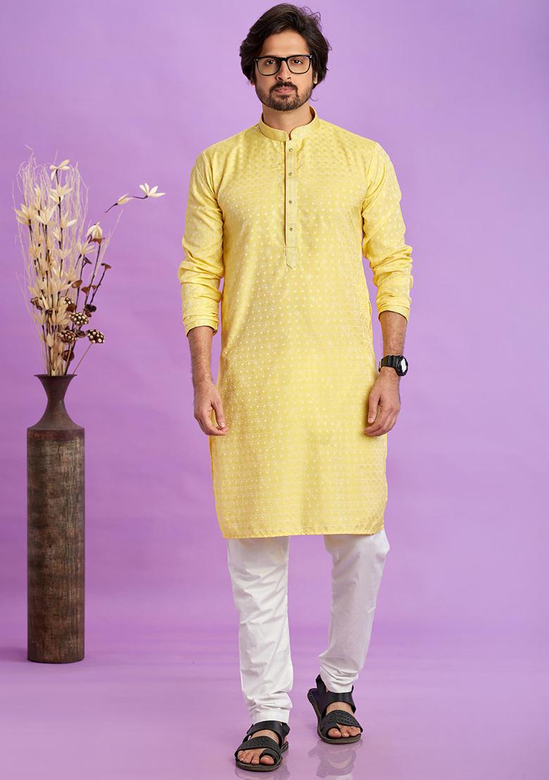Yellow Self Design Silk Kurta Set For Men