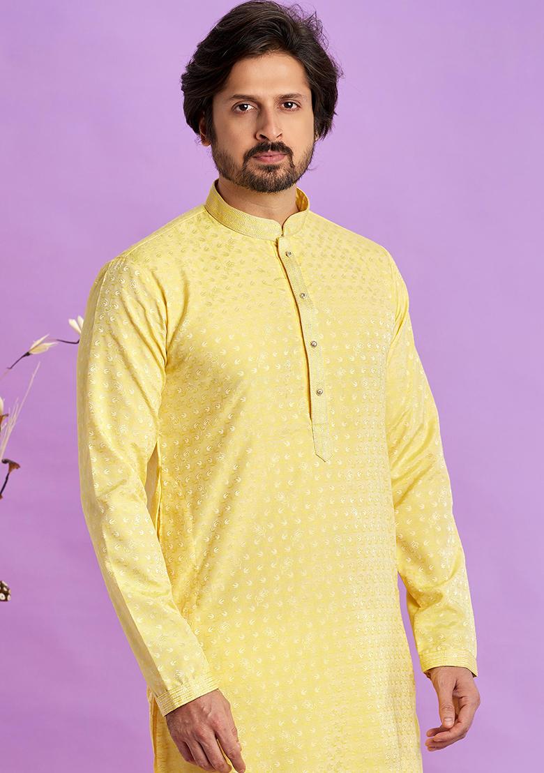 Yellow Self Design Silk Kurta Set For Men