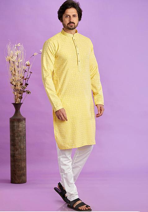 Yellow Self Design Silk Kurta Set For Men — view on Indya