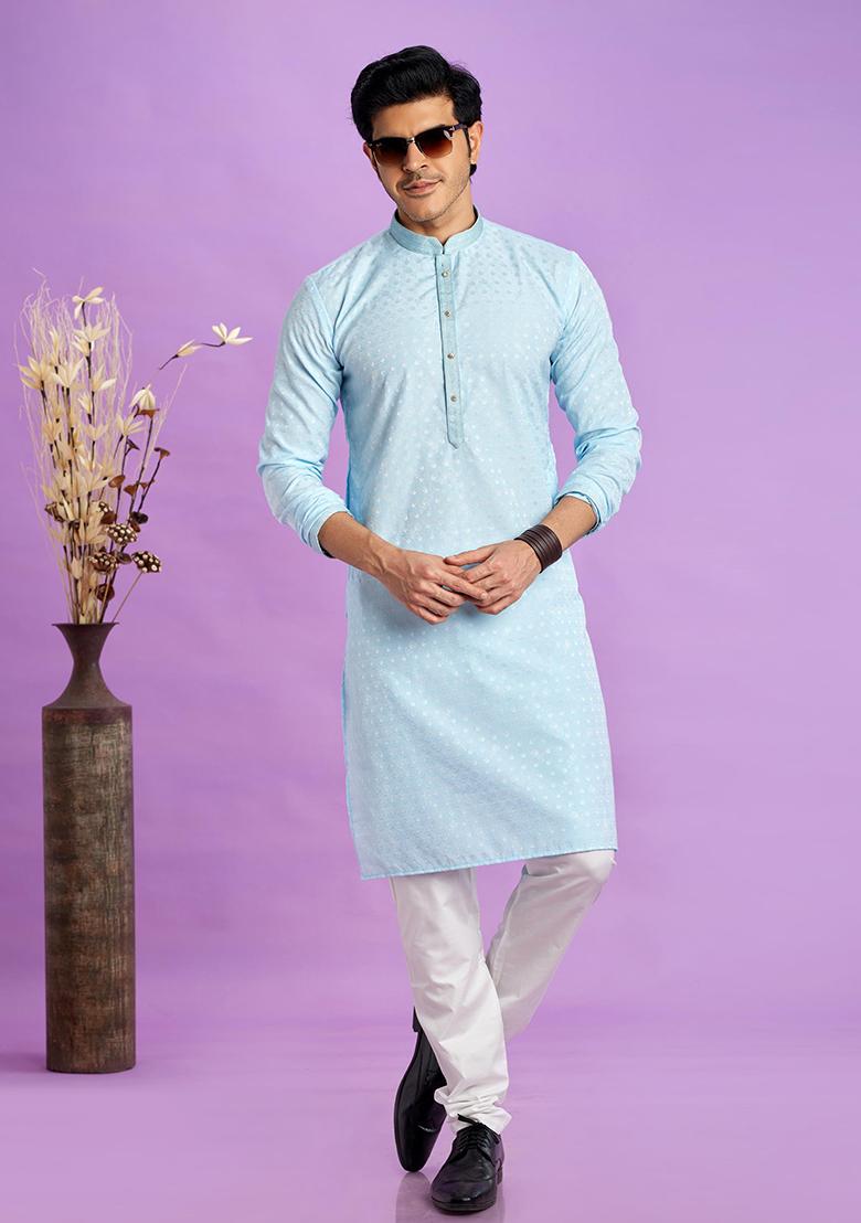 Ice Blue Self Design Silk Kurta Set For Men