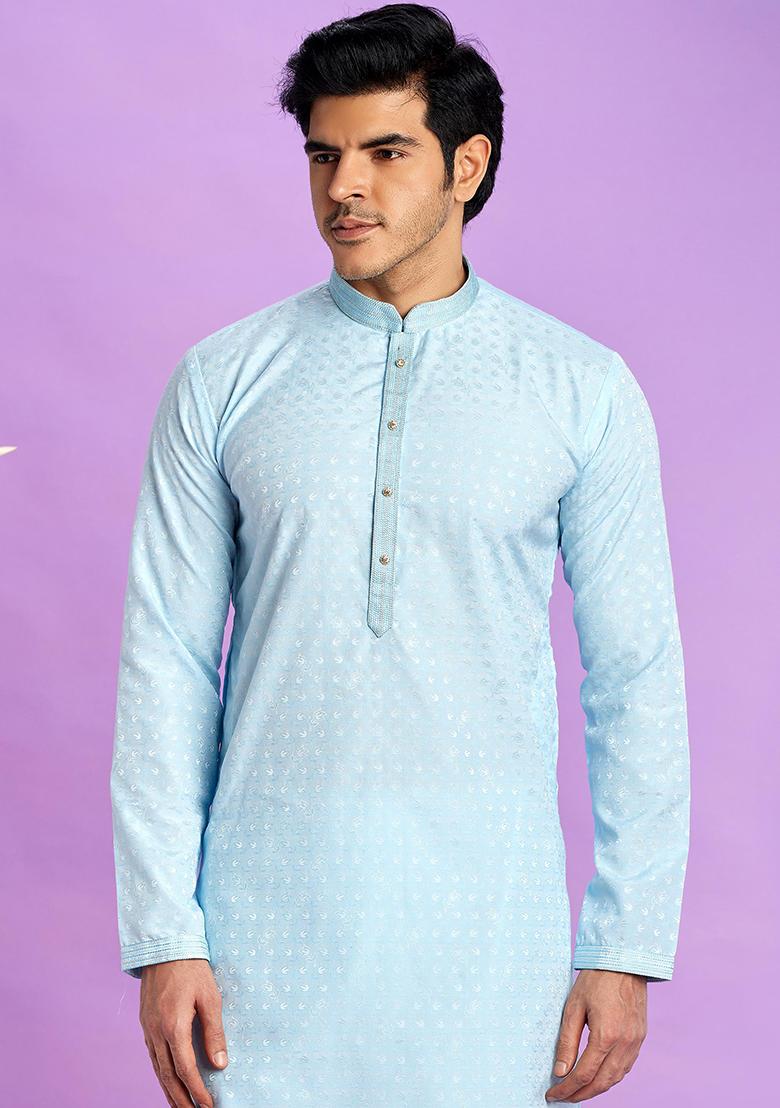 Ice Blue Self Design Silk Kurta Set For Men