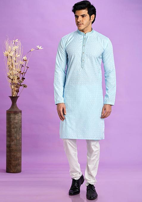 Ice Blue Self Design Silk Kurta Set For Men