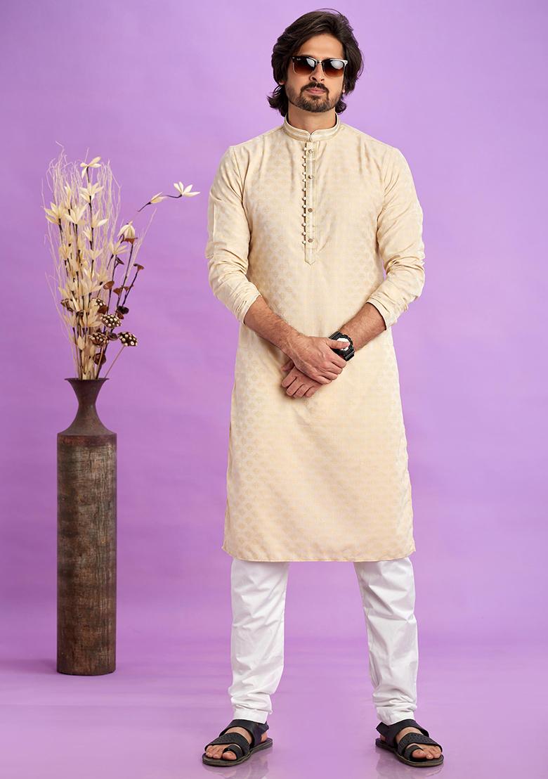 Beige Self Design Silk Kurta Set For Men