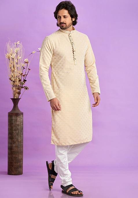 Beige Self Design Silk Kurta Set For Men — view on Indya