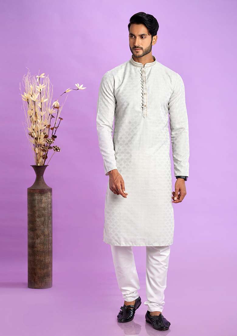 Light Grey Self Design Silk Kurta Set For Men - Indya
