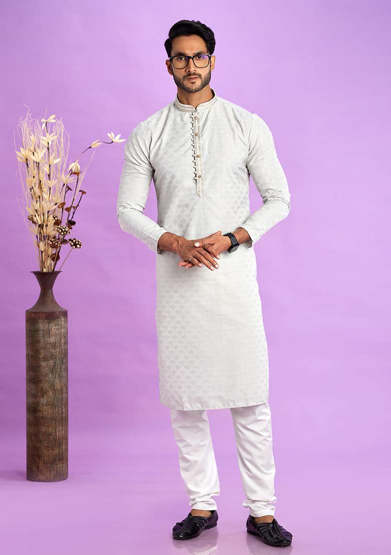 Light Grey Self Design Silk Kurta Set For Men - Indya